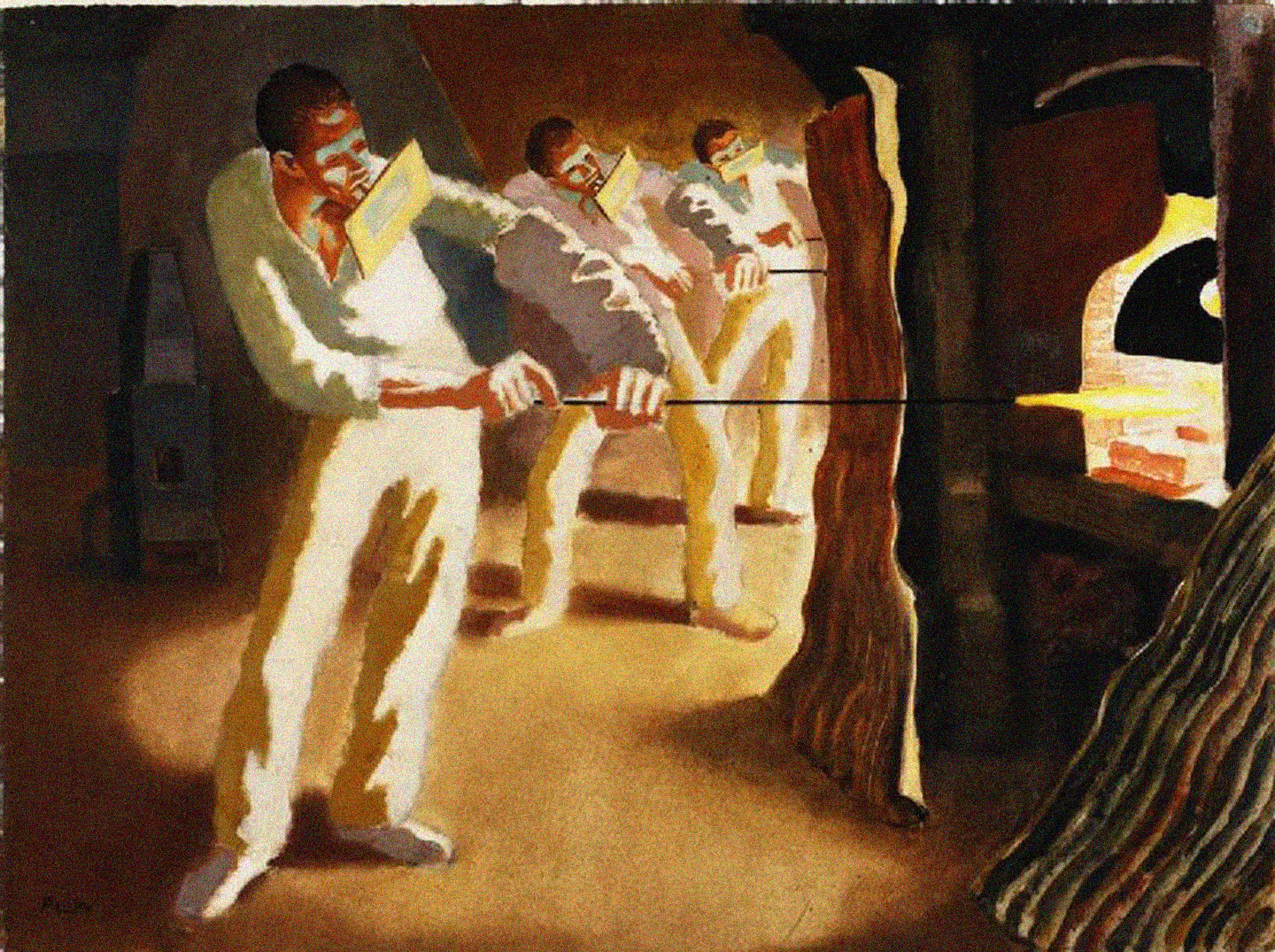 <p>Mervyn Peake, <em>Glass-blowers "Gathering" from the Furnace, </em>1943.<em> </em>Watercolour on paper 50.8 x 68.5 cm. Photo: Wikimedia Commons/Imperial War Museum</p>
