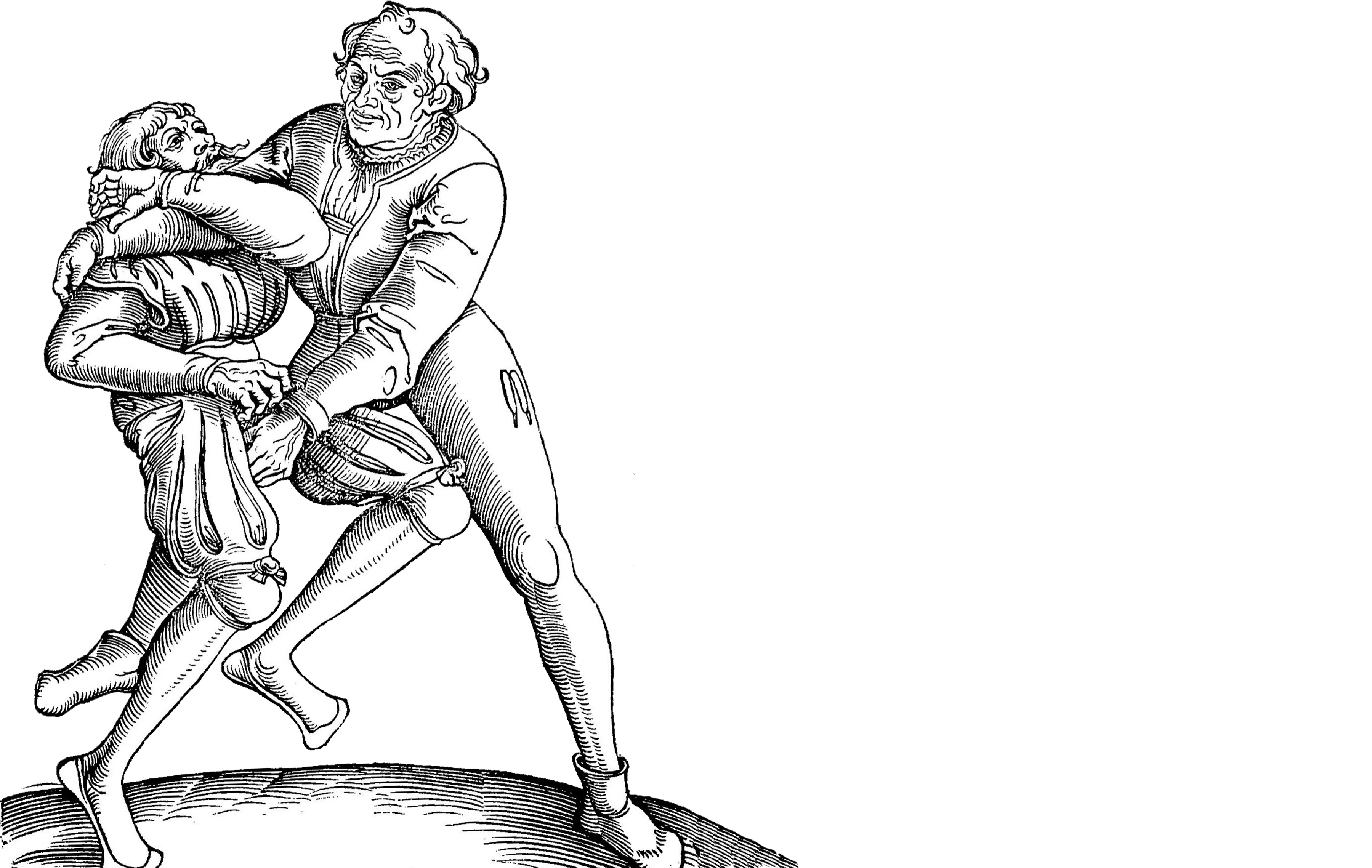 <p>Lucas Cranach's illustration of grappling techniques from the military treatise <em>The Art of Wrestling: Eighty-Five Devices</em> (1539).</p>
